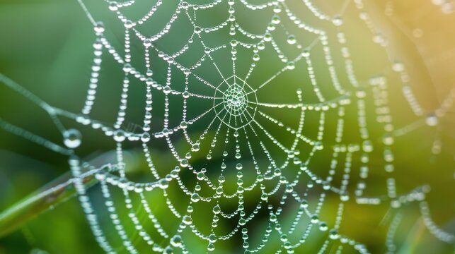 A close-up photo of a spider web covered in morning dew with the sun shining through the strands
