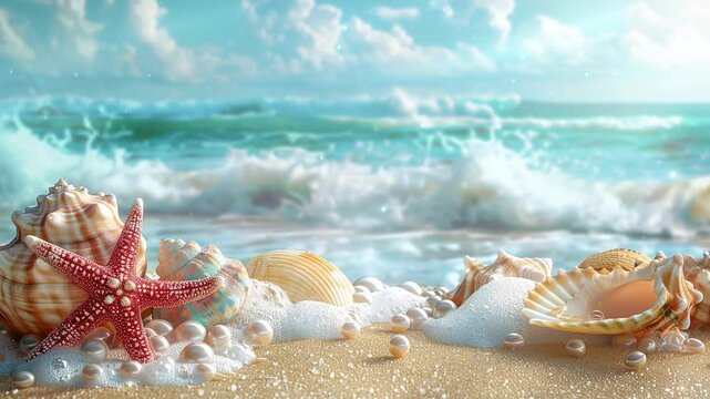 sea shells and starfish in the tropical beach with white beach sand