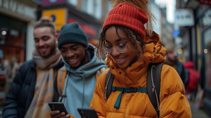 Fototapeta premium Smiling Friends Using Smartphones While Walking in City