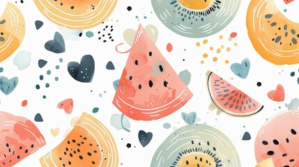 Watercolor seamless pattern with watermelon, kiwi and hearts on white background.