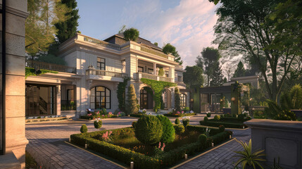 Obraz premium Your villa, an embodiment of elegance with a picturesque garden and a chic garage. The design evolves in every prompt, reflecting your diverse tastes.