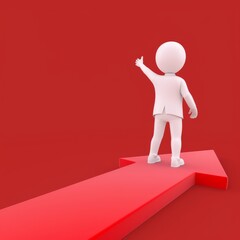 3d cartoon model, white man standing on red arrow pointing to the right. \Upward trend success in business best candidate