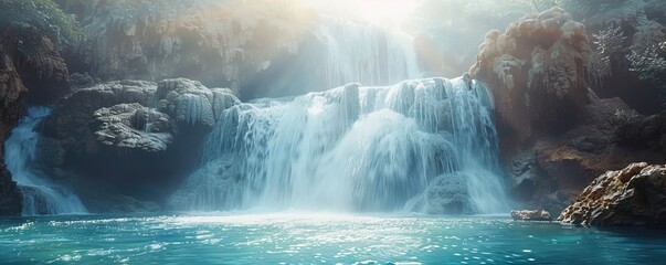 A picturesque waterfall cascading down rocky cliffs into a crystal-clear pool below, with mist rising into the air.