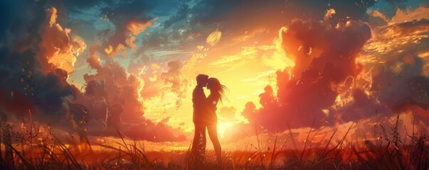 A couple embracing in a romantic sunset, their love evident in their tender gestures and heartfelt expressions.