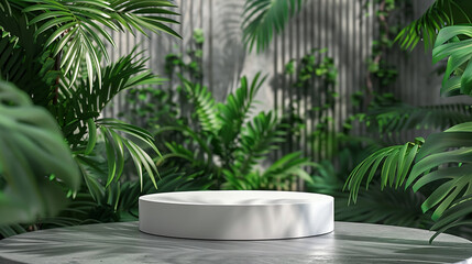 white podium background for product presentation with green nature 3d forest