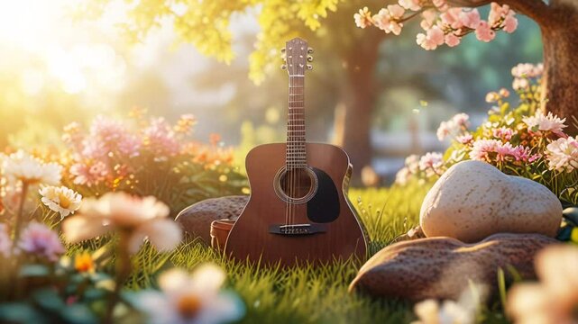 Acoustic guitar with beautiful garden background in smooth looping background with 4K video animation.