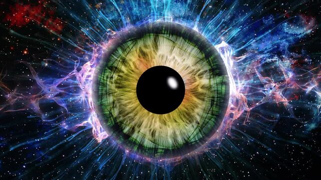 Close-up of a human iris with psychedelic multicolored patterns