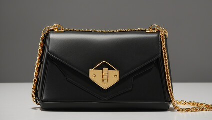 a small black leather purse with a gold chain 