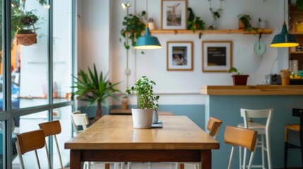 Image of a cozy and eclectic caf&Atilde;&copy; with a mix of vintage furniture, plants, and cultural art pieces