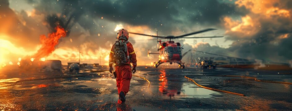 A paramedic in uniform and helmet walking to landing helicopter with backpack on back.