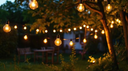 Elegant Garden String Lights Hanging in a Backyard for Summer Party Decoration. Warm Light Bulbs Create Vintage Outdoor Ambiance for Wedding or Festival Celebration on a Natural Background. 