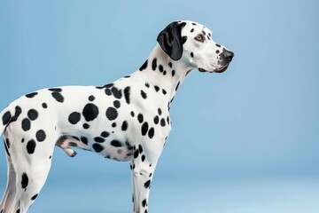 Spotted dalmatian dog standing against blue background