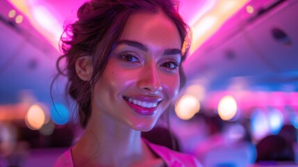 Smiling woman in pink shirt on airplane with bright lights