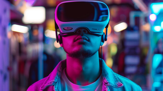 A tech enthusiast showcasing VR headsets.