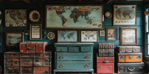 Vintage Travel Decor With Suitcases and World Maps