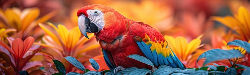 Obraz premium Brightly colored parrot sitting on a branch in a field of flowers, Animal background