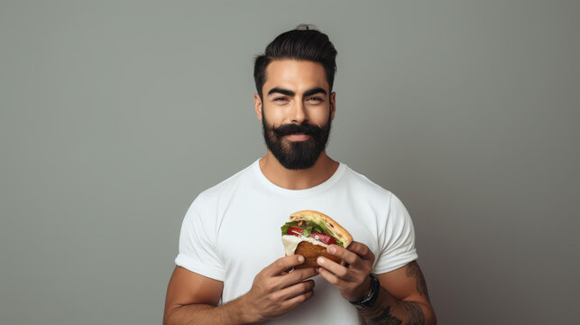 Caucasian man in 3s enjoying tacos.