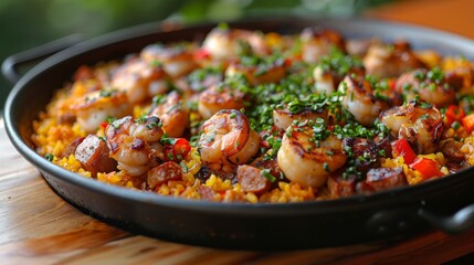 Showcase the vibrant colors and bold flavors of a plate of paella, featuring saffron-infused rice, tender chicken, spicy chorizo, and