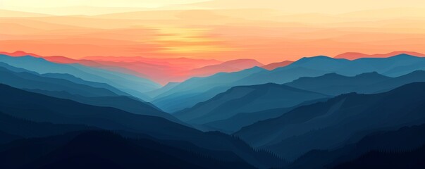 Mountain range silhouette at sunrise with colorful sky, tranquil nature scenery. Landscape and serenity concept