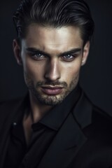 Obraz premium A stylish man with a sophisticated hairstyle and intense gaze, exuding glamour and charisma