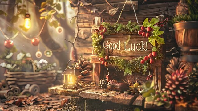 Rustic wooden sign surrounded by Good Luck charm