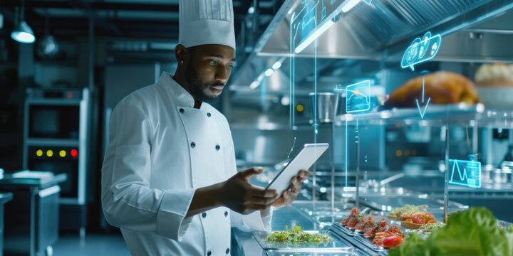 Close up of professional chef hands using tablet or innovation technology while cooking form recipe. Skilled cock wearing cook uniform while looking at food recipe. Futuristic cocking concept. AIG42.