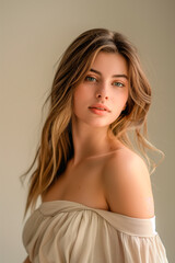 Fototapeta premium Confident and beautiful, woman style, neutral color background