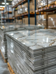 Stacks of polished marble tiles in a warehouse.