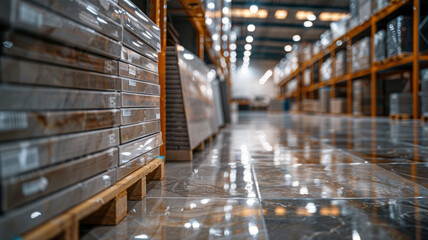 Fototapeta premium Large warehouse with stacked shelves and polished floors.
