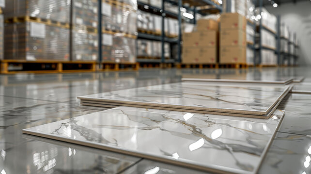 Stacked marble tiles in a large warehouse, glossy reflective floor.
