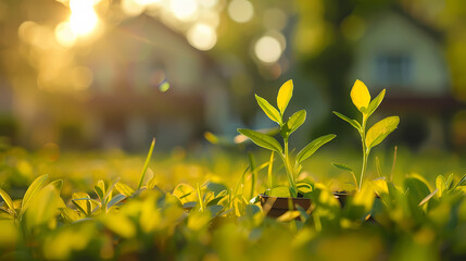 Fototapeta premium Potted seedlings on the grass