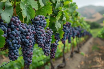 Naklejka premium A lush vineyard with bunches of grapes hanging from the vines, ready to be harvested.