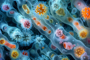 photo of a variety of bacteria within the human body, highlighting subsurface scattering, translucent textures, fresnel reflections, and refractive characteristics,  vivid