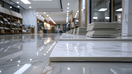 Obraz premium Marble tiles displayed in a showroom, reflecting bright lights