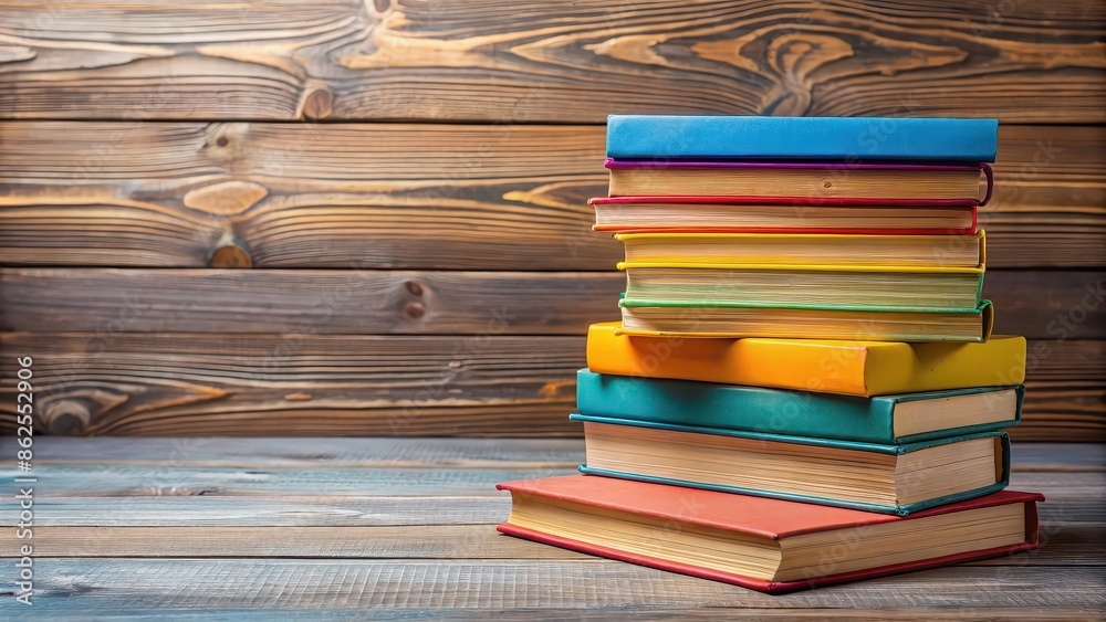 Wall mural A stack of colorful books on a wooden table, education, reading, literature, knowledge, learning, studying, library