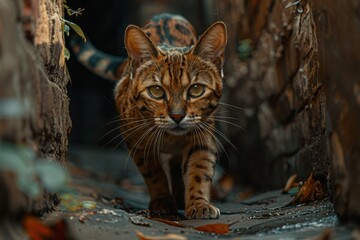 Obraz premium Cat walking down a path between two trees