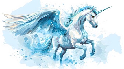 A beautiful sky blue unicorn. The large spreading wings of the unicorn are carried high into the sky. A magical and mysterious horse with wings and a horn. 