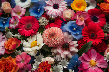 A stunning close-up of a vibrant mixed flower bouquet featuring a variety of colorful blossoms, showcasing the beauty and diversity of nature.
