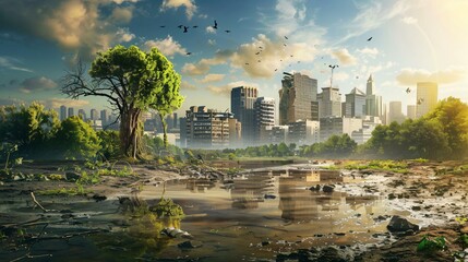 polluted water against the backdrop of a waste disposal plant