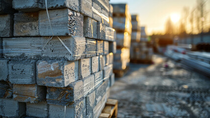 Stacked bricks at a construction site, with the sun setting.