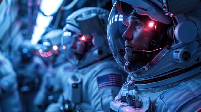 A team of astronauts in modular suits equipped with biometric sensors and LED-lit helmets, preparing for a spacewalk