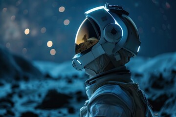 An astronaut exploring a lunar landscape, wearing an experimental helmet with built-in augmented reality display