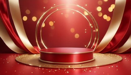 Luxury Presentation: Red Stand with Gold Ribbon and Sparkling Effects