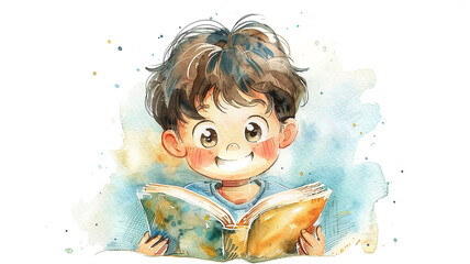 Fototapeta premium Funny boy with an open book, a child reading a book, drawing with watercolor paints