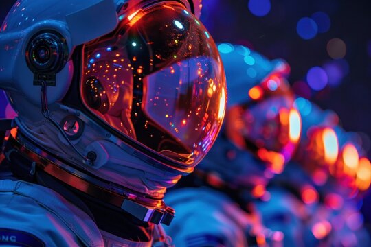 Astronauts in adaptive camouflage suits, their helmets morphing colors to blend with the cosmic environment