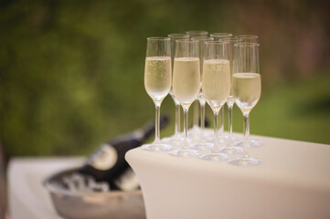 High quality sparkling wine at a wedding. Glasses with champagne and bottle in bucket against blurred background