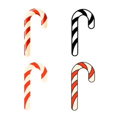 A set of caramel cane icons. Candy. Festive caramel in the shape of a cane. Vector illustration isolated on a white background for design and web.