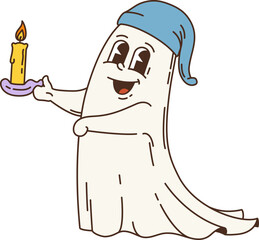 Cartoon retro groovy Halloween ghost character. Isolated vector friendly spook wearing a blue nightcap, cheerfully holding a candle. Funny vintage hippie phantom with a playful smile wanders at night