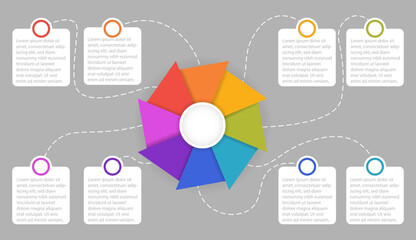 Infographic circle chart showing business data divided into 8 colorful sections. 8 concepts. Vector illustration.