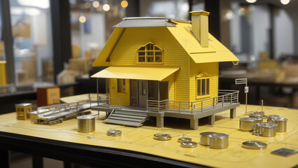 a small yellow model house with a gray roof, sitting on a wooden table.